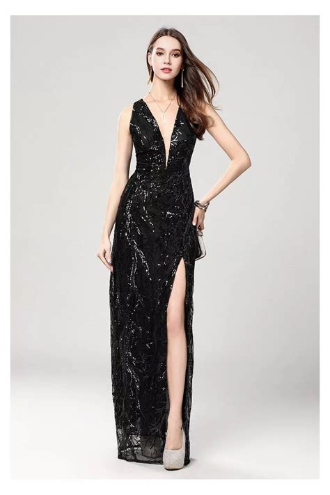 Sexy Black Sequin Deep V Neck Slit Prom Evening Dress 119 CK644