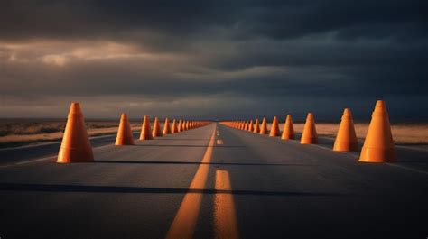 Premium AI Image | Row of traffic cones on a long empty road