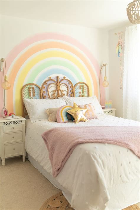 Dreamy Pastel Bedroom With Hand Painted Rainbow Mural