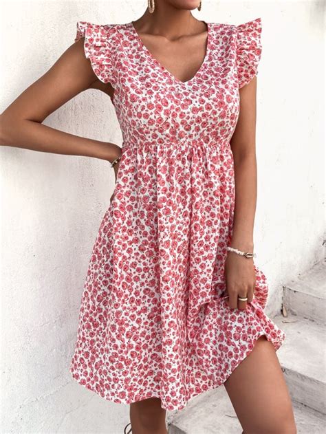 Shein Vcay All Over Floral Print Butterfly Sleeve Dress Shein Usa