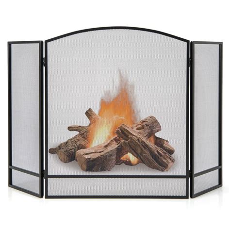 3-Panel Foldable Fireplace Screen with Wrought Metal Mesh - Costway