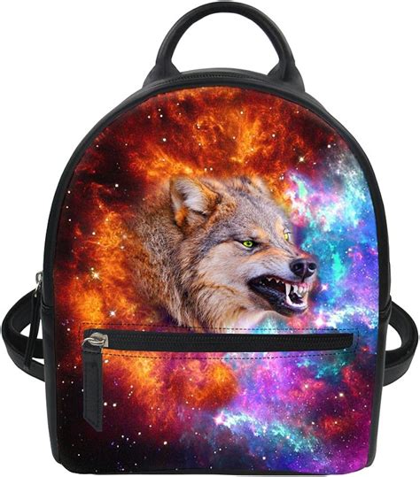 Bigcardesigns Women Pu Leather Backpack Visual Impact Galaxy Wolf Daily