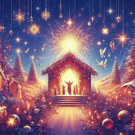 Trendy Festive Xmas Christmas Christian Jesus Tree Scene Vector Illustration Wallpaper Image