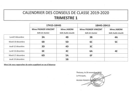 Calendrier Des Conseils De Classe Du 1er Trimestre 2019 2020 Des