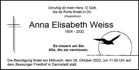 Traueranzeigen Von Anna Elisabeth Weiss Vrm Trauer De