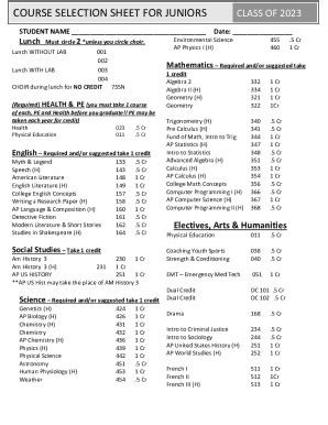 Fillable Online 9th Grade Course Selection Sheet Fax Email Print