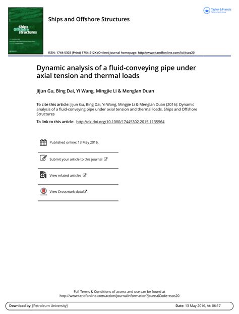 PDF Dynamic Analysis Of A Fluid Conveying Pipe Under Axial Tension