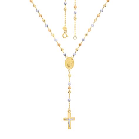 585er Gold Rosenkranz Tricolor Kette mit Kreuz Anhänger und Heilige M