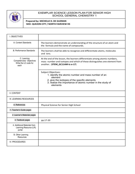 Exemplar Science Lesson Plan For Senior High School General Chemistry 1 Pr