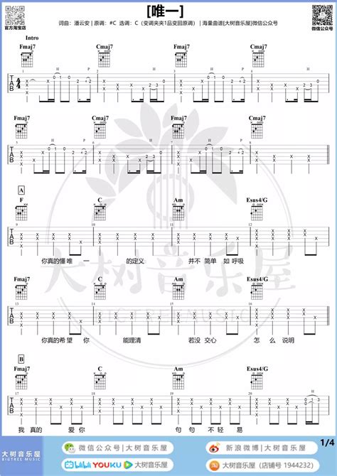 唯一吉他谱 告五人 唯一c调原版吉他六线谱 弹唱教学视频 乐谱猫