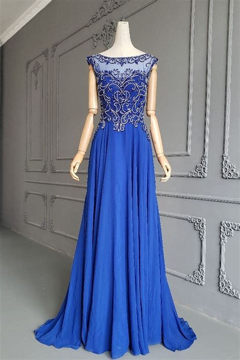 Stunning A Line Long Royal Blue Chiffon Sheer Back Beaded Prom Party Dress With Cap Sleeves