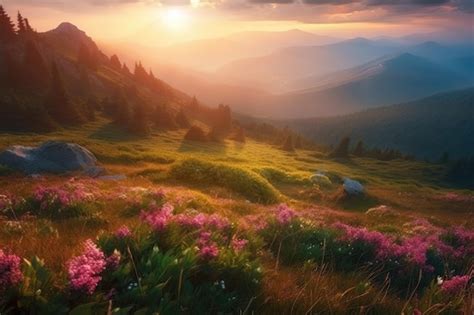 Premium Ai Image Colorful Sunset Over A Mountain Range With Blooming