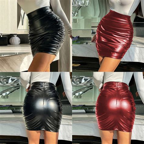 Uk Womens Ruched Pu Leather Bodycon Mini Skirt High Waist Pencil Skirts