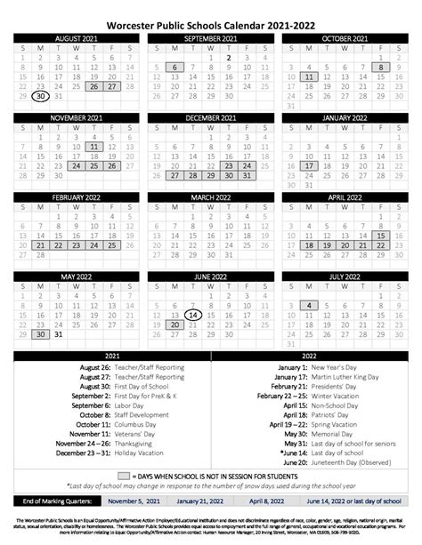 Worcester Public Schools Calendar Holidays 2021-2022