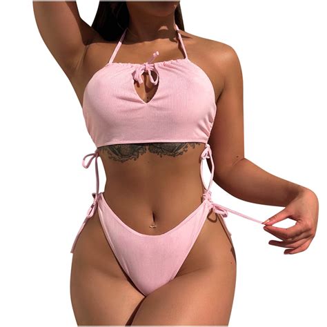 WREESH Womens Two Piece Swimsuit Tie Front Crop Top High Cut Bikini