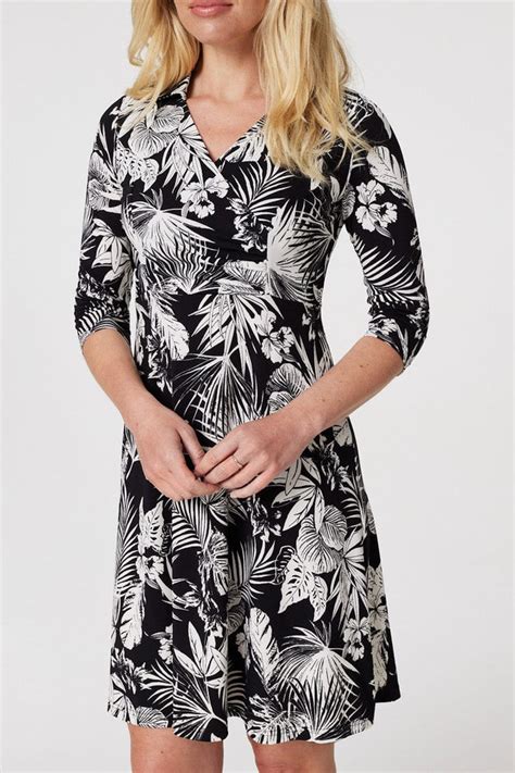 Leaf Print Wrap Front Shirt Dress Izabel London