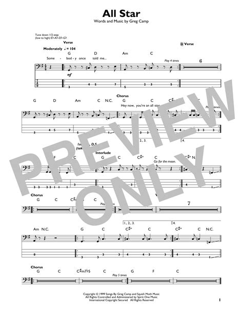 All Star By Smash Mouth Sheet Music For Easy Bass Tab At Sheet Music Direct