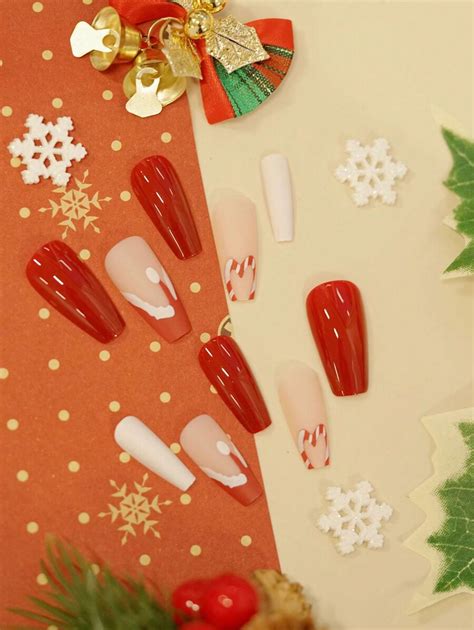 Add A Touch Of Romance With 24pcs Coffin Shape Long Full Cover Artificial Nail Featuring Winter