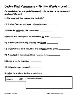 Differentiated Word Work Vocabulary Packet Double Consonants