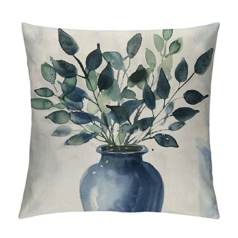 JEUXUS Spring Pillow Covers Eucalyptus Leaves Greenery Blue Vase Truck