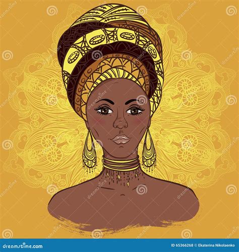 Beautiful African Woman In Turban Over Ornate Mandala Round Pattern