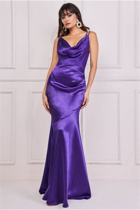 Goddiva Cowl Neck With Strappy Back Satin Maxi Purple Sale From Yumi Uk