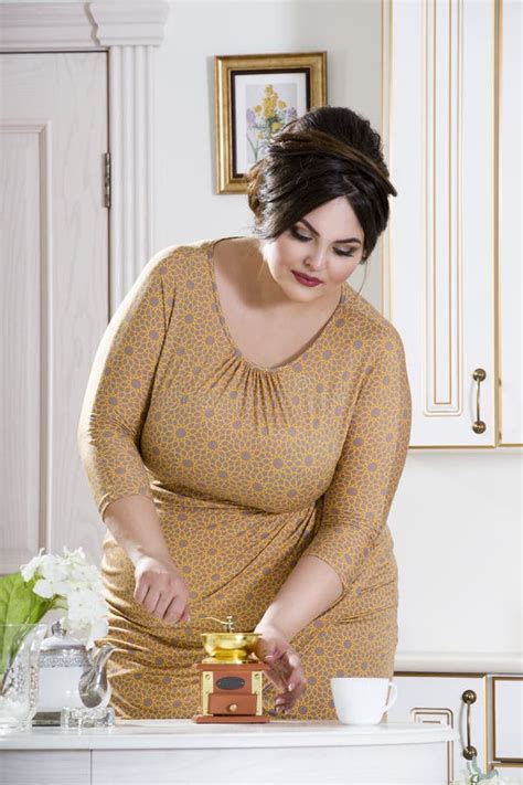 Plus Size Fashion Model On Kitchen Fat Woman On Luxury Interior Overweight Female Body Stock