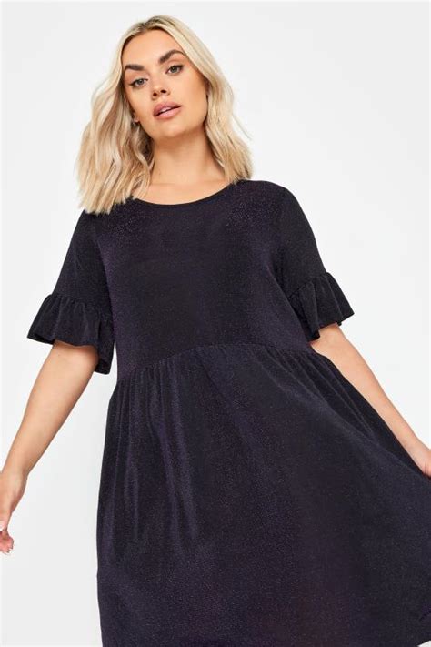 Yours Curve Plus Size Black Purple Glitter Frill Sleeve Tunic Dress