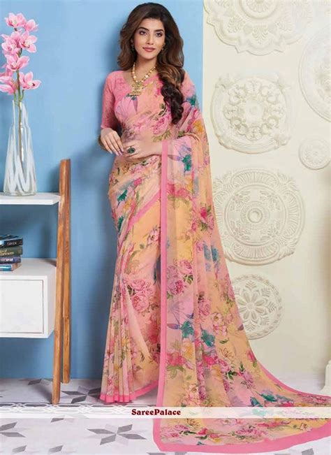 Buy Abstract Print Multi Colour Faux Georgette Printed Saree Online