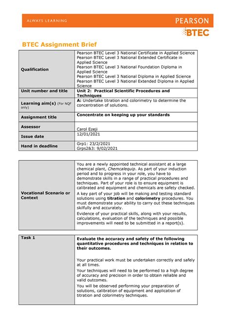 Unit Authorised Assignment Brief For Learning Aim A Practical