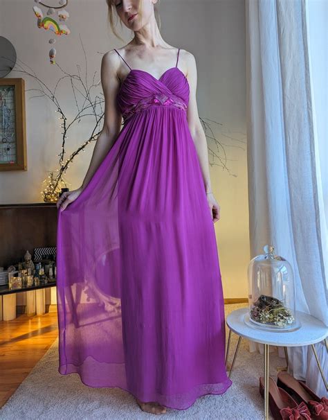 Vintage Long Purple Pure Silk Dress Size S M Greek Goddess Etsy