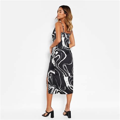 I Saw It First Satin Abstract Print Side Split Midi Dress Sort