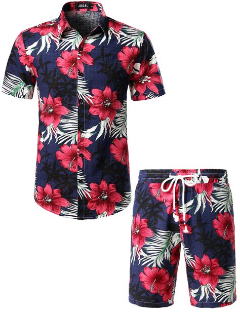 Jogal Mens Flower Casual Button Down Short Sleeve Hawaiian Shirt Suit