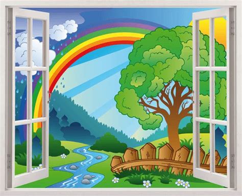 Vinilo Decorativo Infantil Ventana Arco Ris En El Bosque Teleadhesivo