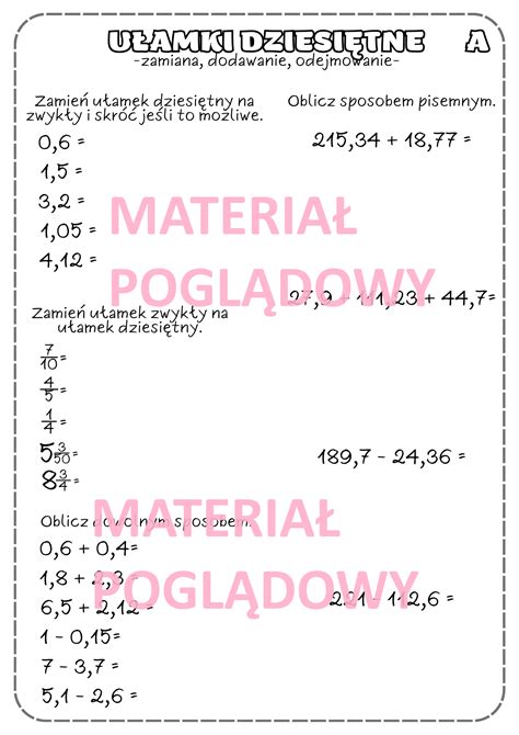 Ułamki Dziesiętne Zamiana Ułamków Dodawanie I Odejmowanie Karta