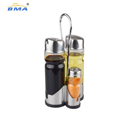 Kitchen Stainless Steel Stand Glass Cruet Condiment Set Salt Pepper