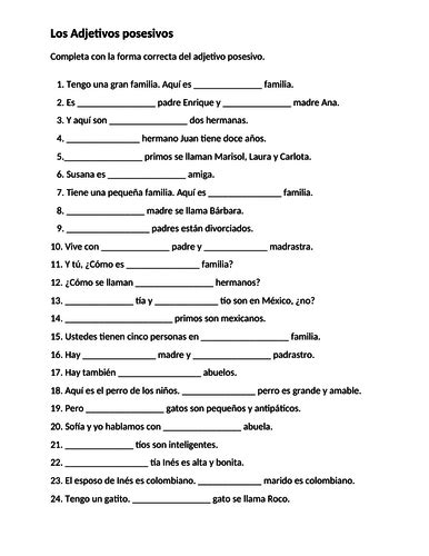 Adjetivos Posesivos Spanish Possessive Adjectives Worksheet 2 Teaching Resources