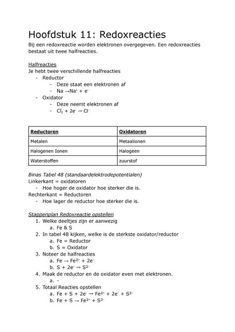 Scheikunde Samenvatting P1 Hoofdstuk 11 Redoxreacties Bij Een