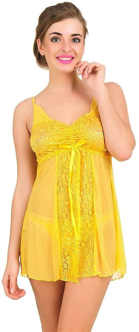 Buy SSoShHub Women Yellow Self Design Net Baby Doll Lingerie Set Online