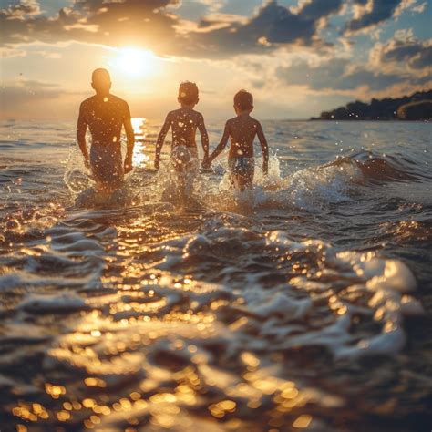 Um Pai E Seus Filhos Brincando Na Gua Ao P R Do Sol Imagem Premium