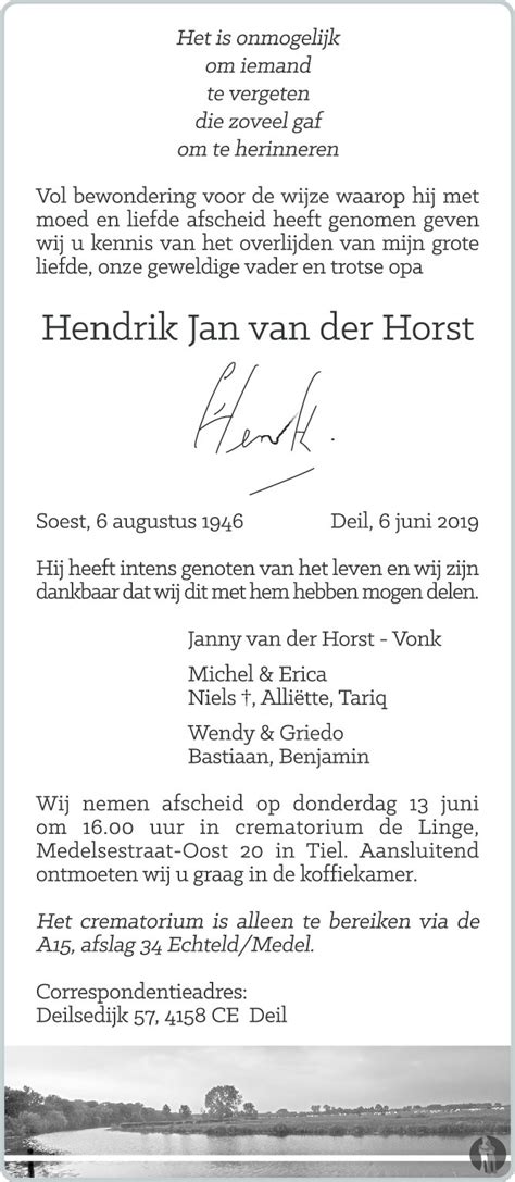 Hendrik Jan Henk Van Der Horst 06 06 2019 Overlijdensbericht En