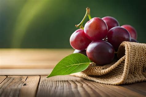 Premium AI Image | grapes on a wooden table with green leaves