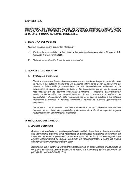 Ejemplo De Informe Financiero Empresa S Memorando De Recomendaciones