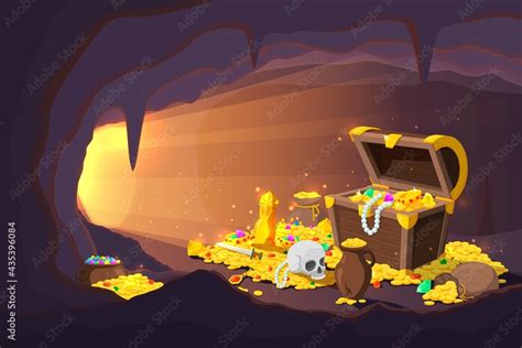 Treasure Cave Fantasy Game Location Cartoon Mine With Old Gold Coins