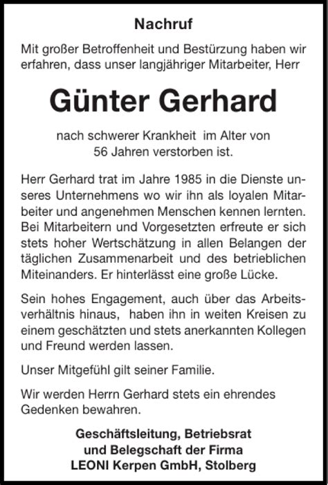 Traueranzeigen von Günter Gerhard Aachen gedenkt