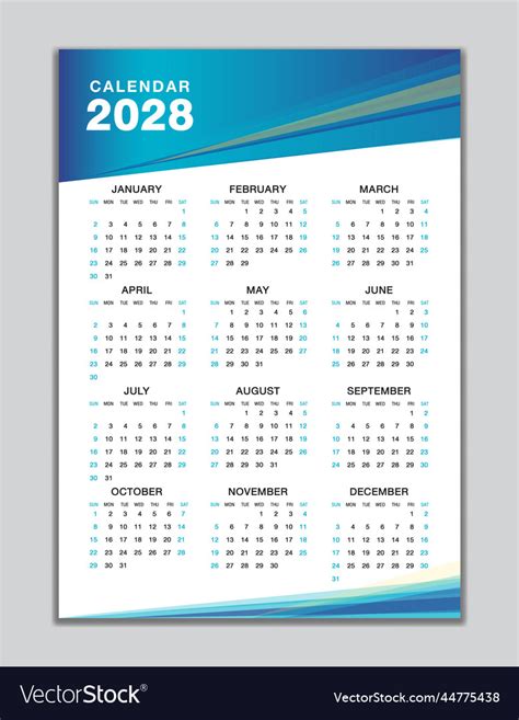 Wall calendar 2028 template desk calendar 2028 Vector Image