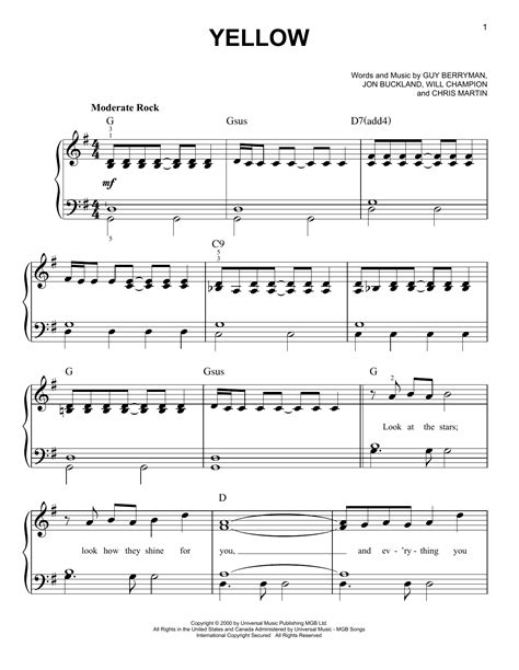 Yellow By Coldplay Sheet Music For Easy Piano At Sheet Music Direct