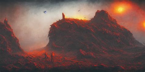 Ultrawide Shot Of Hell Landscape Golden Birds Stable Diffusion