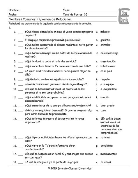 Common Nouns 2 Spanish Matching Exam | Teaching Resources