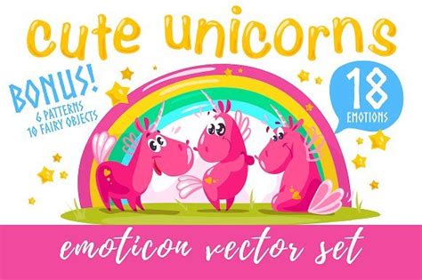 Unicorn Emoticons Bonus Graphics Emoticon Set Vector Cartoon